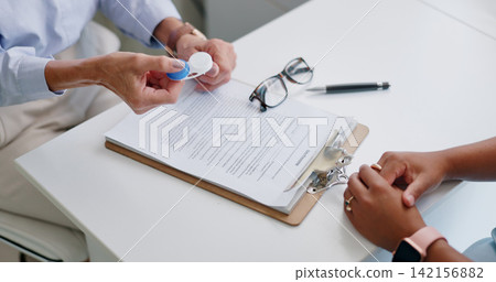 Optometrist, assessment and results for vision, eye care and healthcare for sight. Specialist, consultation and exam or prescription for glasses, contact lenses for optical test or medical insurance 142156882