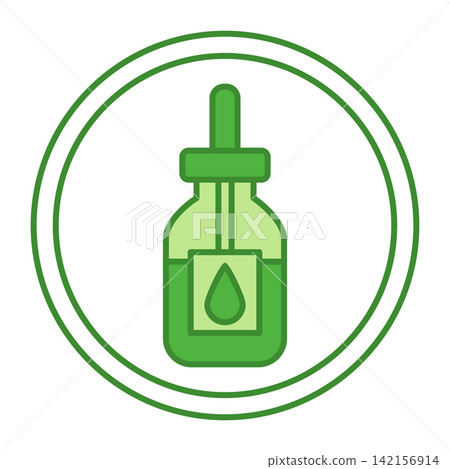 Green Serum Label. Vector Icon. Glass Dropper Bottle With Skin Care. Sticker For Cosmetic Packaging. Skin Care Concept Green Serum Label. Vector Icon. Glass Dropper Bottle With Skin Care. Sticker For Cosmetic Packaging. Skin Care Concept 142156914