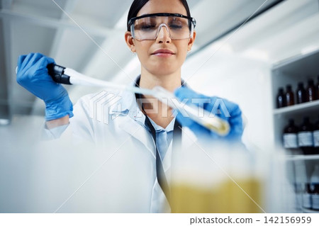 Woman, vial or scientist in laboratory for medical innovation, life expectancy or antiaging medicine. Low angle,l test or healthcare biologist with chemistry liquid in research or science examination Woman, vial or scientist in laboratory for medical innovation, life expectancy or antiaging medicine. Low angle,l test or healthcare biologist with chemistry liquid in research or science examination 142156959