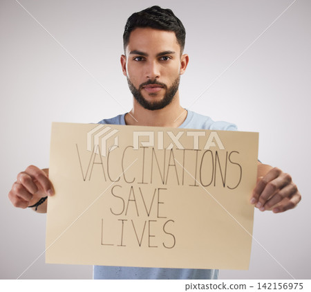 Health, vaccine poster and man in portrait for advice, covid 19, idea or safety from corona virus. Male person, pro vaccination or opinion in studio for wellness, sign or immunity on white background Health, vaccine poster and man in portrait for advice, covid 19, idea or safety from corona virus. Male person, pro vaccination or opinion in studio for wellness, sign or immunity on white background 142156975