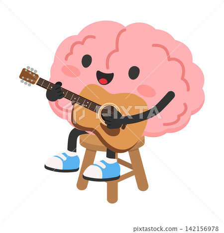 Happy brain character playing acoustic guitar on stool Happy brain character playing acoustic guitar on stool 142156978