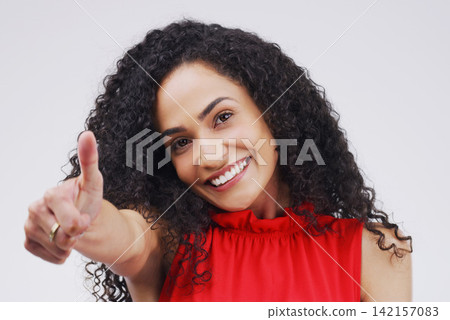 Studio, portrait and African woman with thumb up for deal, agreement and yes while excited. Approval, smile and happy girl with good hand gesture, support and sign by white background for feedback Studio, portrait and African woman with thumb up for deal, agreement and yes while excited. Approval, smile and happy girl with good hand gesture, support and sign by white background for feedback 142157083