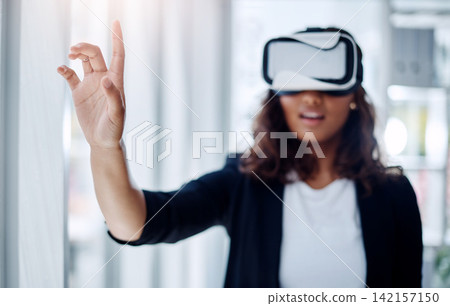 Virtual reality, technology and business woman with digital glasses for webinar, conference and presentation. Hand, screen and futuristic, lawyer and trial simulation with metaverse for law career Virtual reality, technology and business woman with digital glasses for webinar, conference and presentation. Hand, screen and futuristic, lawyer and trial simulation with metaverse for law career 142157150