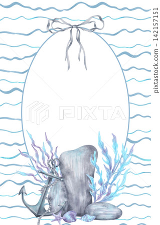 Watercolor vertical nautical frame with anchor, shell, coral, starfish, stones and bow. Hand-drawn illustration. Suitable for cards, nautical invitations, posters, childrens products and decor 142157151