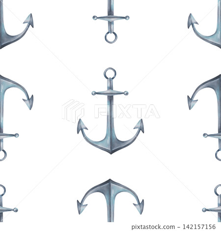 Seamless pattern featuring a classic vintage anchor. Nautical navigation equipment. Watercolor illustration. Hand-drawn background. Metal object for nautical themes, navigation and travel. Seamless pattern featuring a classic vintage anchor. Nautical navigation equipment. Watercolor illustration. Hand-drawn background. Metal object for nautical themes, navigation and travel. 142157156