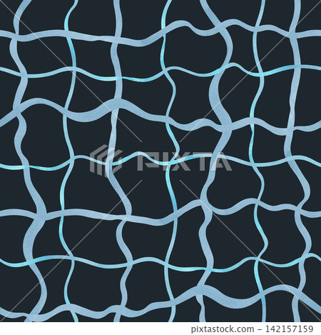 Seamless pattern of blue wavy lines forming uneven squares. Delicate abstract plaid background for textiles, packaging and nautical inspired decor. Hand drawn watercolor illustration. Seamless pattern of blue wavy lines forming uneven squares. Delicate abstract plaid background for textiles, packaging and nautical inspired decor. Hand drawn watercolor illustration. 142157159