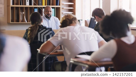 Teenagers, test and exam with writing, study and support for education and knowledge. Man, students and classroom with learning, teacher and high school development for future growth for question 142157201