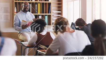 Teacher, presentation and exam with learning, help and support for education and knowledge. Man, teenager and classroom with school, test and high school development for future growth for writing Teacher, presentation and exam with learning, help and support for education and knowledge. Man, teenager and classroom with school, test and high school development for future growth for writing 142157202