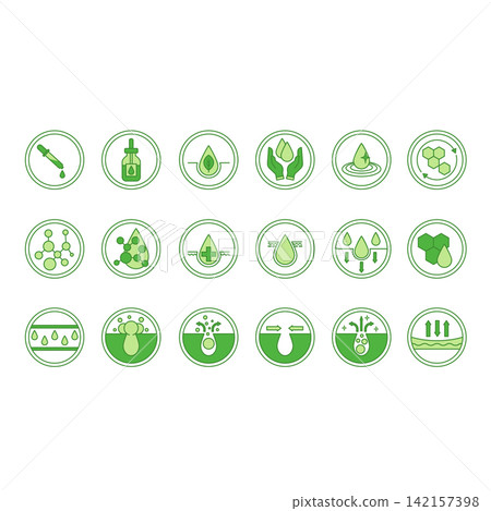 Green Labels for Cosmetic Products Packaging. Skin Care. Vector Icons Acid, Serum, Retinol, Moisturizing, Pure Water, Cell Regeneration, Nourishing Cream, Cleansing Gel, Acne Care, and More Green Labels for Cosmetic Products Packaging. Skin Care. Vector Icons Acid, Serum, Retinol, Moisturizing, Pure Water, Cell Regeneration, Nourishing Cream, Cleansing Gel, Acne Care, and More 142157398