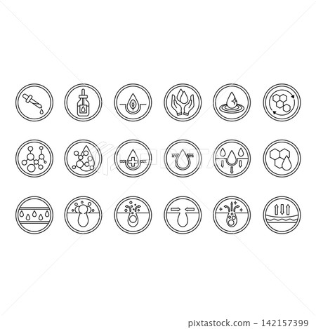 Labels for Cosmetic Products Packaging. Skin Care. Vector Icons Acid, Serum, Retinol, Moisturizing, Pure Water, Cell Regeneration, Nourishing Cream, Cleansing Gel, Acne Care, and More 142157399