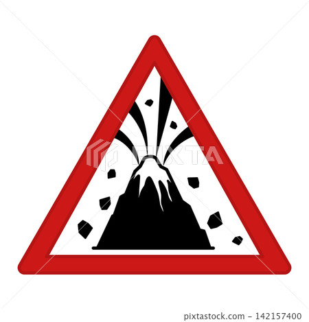 Red Sign Active Volcano Zone. Vector Icon. Prohibitory Road Sign. Danger Volcano Eruption Red Sign Active Volcano Zone. Vector Icon. Prohibitory Road Sign. Danger Volcano Eruption 142157400