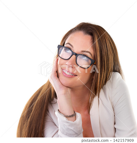 Glasses, thinking and woman in studio mockup with ideas, opportunity and reflection. Vision, planning and creative girl isolated on white background for inspiration, insight or happy smile on face Glasses, thinking and woman in studio mockup with ideas, opportunity and reflection. Vision, planning and creative girl isolated on white background for inspiration, insight or happy smile on face 142157909