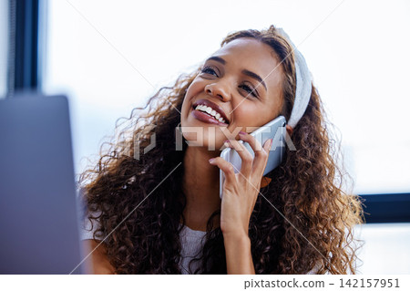 Happy, girl and phone call in office with communication for connection, talking and conversation for discussion. Woman, cellphone and speaking of creative career as multi media designer indoors Happy, girl and phone call in office with communication for connection, talking and conversation for discussion. Woman, cellphone and speaking of creative career as multi media designer indoors 142157951
