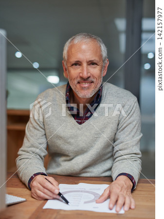 Happy, businessman and paperwork in office for portrait by reading chart for analysis or strategy report with data of company. Mature, male person and pen for signature with agreement on documents Happy, businessman and paperwork in office for portrait by reading chart for analysis or strategy report with data of company. Mature, male person and pen for signature with agreement on documents 142157977
