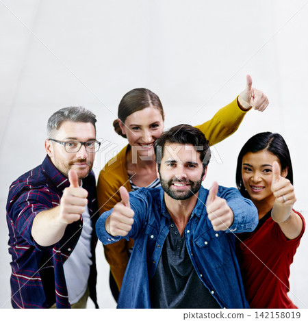 Portrait, happy team and thumbs up with achievement for success, celebrate goals and agreement for mockup. Employee group, winner and yes emoji for good job, thank you and creative career with space Portrait, happy team and thumbs up with achievement for success, celebrate goals and agreement for mockup. Employee group, winner and yes emoji for good job, thank you and creative career with space 142158019