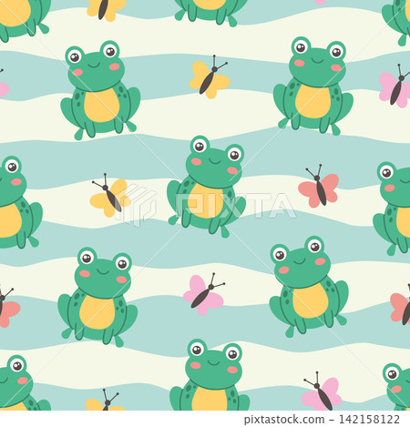 Seamless striped pattern with cute frogs and butterflies Seamless striped pattern with cute frogs and butterflies 142158122