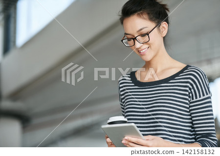Tablet, search and business woman in office building with social media, scroll or web communication. Digital, planning and female entrepreneur with online, research or b2b networking on coffee break 142158132