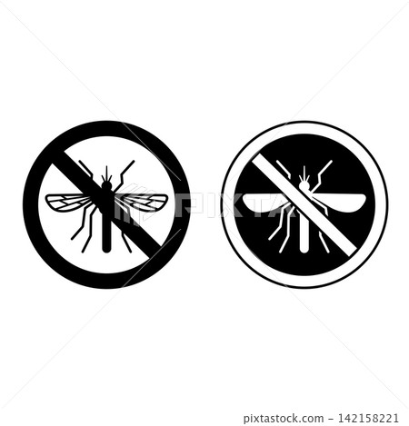 No Mosquito Signs. Black and White Vector Icons. Prohibitory Sign. Insect Control No Mosquito Signs. Black and White Vector Icons. Prohibitory Sign. Insect Control 142158221