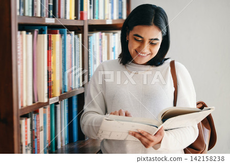 Book, woman and student in library, searching and school with education, novel and knowledge. Happy person, college and girl with studying, literature and research with scholarship and university Book, woman and student in library, searching and school with education, novel and knowledge. Happy person, college and girl with studying, literature and research with scholarship and university 142158238
