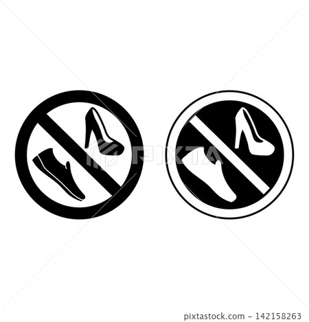 Signs Please No Shoes. Black and White Vector Icons. Round Prohibition Sign. Women's Heeled Shoe and Slippers. Prohibition on Wearing Shoes 142158263