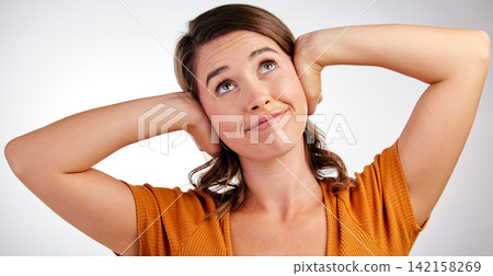 Hands on ears, noise and woman in studio with fake news block, secret or annoyed with gossip drama on white background. No, stop and girl model with ignoring emoji, gesture or silence body language Hands on ears, noise and woman in studio with fake news block, secret or annoyed with gossip drama on white background. No, stop and girl model with ignoring emoji, gesture or silence body language 142158269