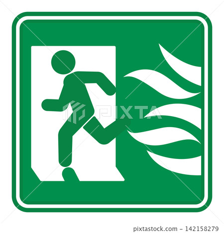 Green Sign Fire Exit. Vector Icon. Fire Emergency Evacuation Symbol. Man Running to Fire Exit Door. Emergency Situation Green Sign Fire Exit. Vector Icon. Fire Emergency Evacuation Symbol. Man Running to Fire Exit Door. Emergency Situation 142158279