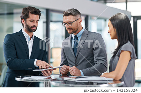 Discussion, people and meeting in office with tablet for business report or online growth with information sharing. Manager, employees and paperwork to show feedback, corporate and career in sales. Discussion, people and meeting in office with tablet for business report or online growth with information sharing. Manager, employees and paperwork to show feedback, corporate and career in sales. 142158324