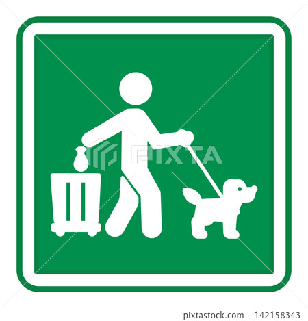 Green Sign Please Clean Up After Your Dog Poop. Vector Icon. Warning Sign. Man Throwing Bag Of Dog Feces Into Trash Can Green Sign Please Clean Up After Your Dog Poop. Vector Icon. Warning Sign. Man Throwing Bag Of Dog Feces Into Trash Can 142158343