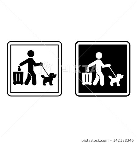Please Clean Up After Your Dog Poop Signs. Black and White Vector Icons. Warning Sign. Man Throwing Bag Of Dog Feces Into Trash Can Please Clean Up After Your Dog Poop Signs. Black and White Vector Icons. Warning Sign. Man Throwing Bag Of Dog Feces Into Trash Can 142158346