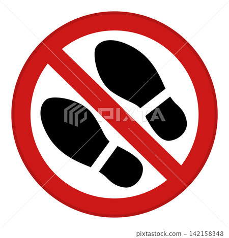 Red Sign No Shoes Please. Vector Icon. Round Prohibition Sign. Request To Remove Shoes Indoors Red Sign No Shoes Please. Vector Icon. Round Prohibition Sign. Request To Remove Shoes Indoors 142158348