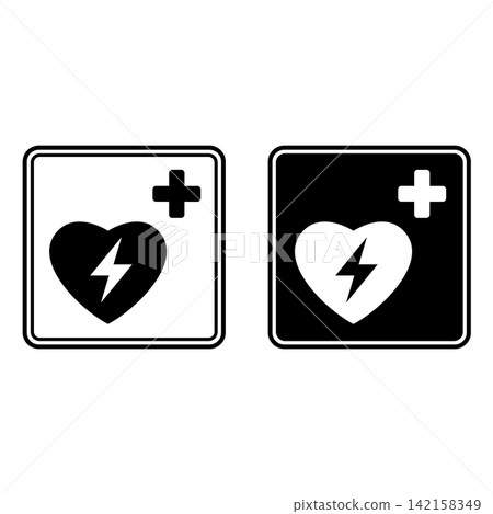 Signs Defibrillator. Black and White Vector Icons. First Aid Sign. Automatic External Cardiac Defibrillator. Emergency Safety, Medical Equipment Signs Defibrillator. Black and White Vector Icons. First Aid Sign. Automatic External Cardiac Defibrillator. Emergency Safety, Medical Equipment 142158349