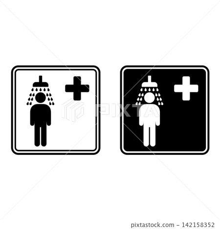 Signs Emergency Shower. Black and White Vector Icons. Industrial Safety Sign. Man Taking a Shower. First Aid in Case of Chemical Splashes Signs Emergency Shower. Black and White Vector Icons. Industrial Safety Sign. Man Taking a Shower. First Aid in Case of Chemical Splashes 142158352