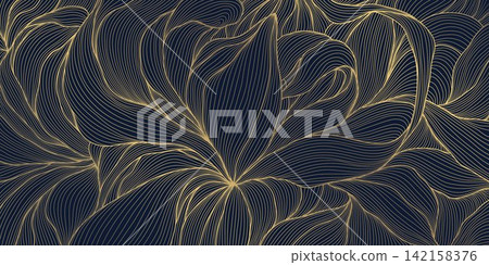 Luxury abstract floral pattern with elegant golden line leaves, flowers, tropical botanical elements, art deco style. Nouveau frame. Wallpaper, fabric, packaging, textile prints, tea branding Luxury abstract floral pattern with elegant golden line leaves, flowers, tropical botanical elements, art deco style. Nouveau frame. Wallpaper, fabric, packaging, textile prints, tea branding 142158376