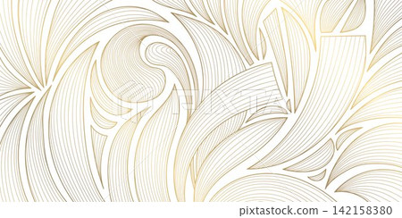 Luxury abstract botanical pattern, golden line leaves, flowers, tropical foliage, art deco style Japanese design. Vector illustration organic texture, vintage decorative ornament, textile print Luxury abstract botanical pattern, golden line leaves, flowers, tropical foliage, art deco style Japanese design. Vector illustration organic texture, vintage decorative ornament, textile print 142158380
