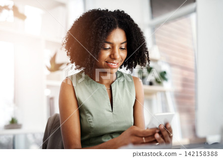 Employee, typing and woman with cellphone, office and social media with message for contact and online reading for news. Person, girl and worker with smartphone and texting with digital app Employee, typing and woman with cellphone, office and social media with message for contact and online reading for news. Person, girl and worker with smartphone and texting with digital app 142158388