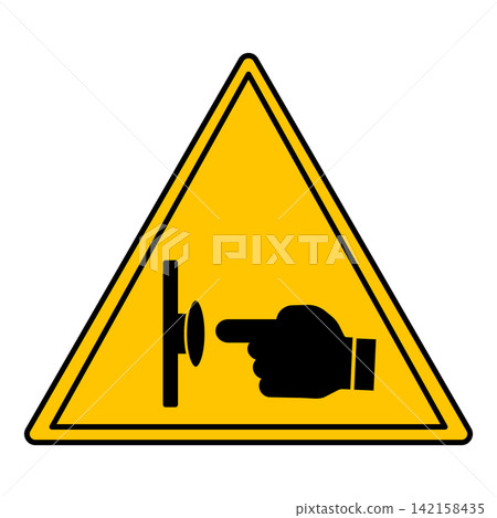 Yellow Sign Emergency Stop Push Button. Vector Icon. Evacuation Sign. Index Finger Pressing the Button. Industrial Safety, Observe the Rules of Work at the Facility. Emergency Situation Yellow Sign Emergency Stop Push Button. Vector Icon. Evacuation Sign. Index Finger Pressing the Button. Industrial Safety, Observe the Rules of Work at the Facility. Emergency Situation 142158435