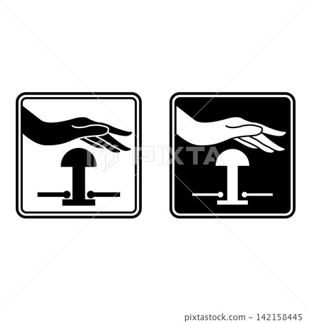 Emergency Stop Push Button Signs. Black and White Vector Icons. Evacuation Sign. Industrial Safety, Observe Work Rules at the Facility. Emergency Situation 142158445