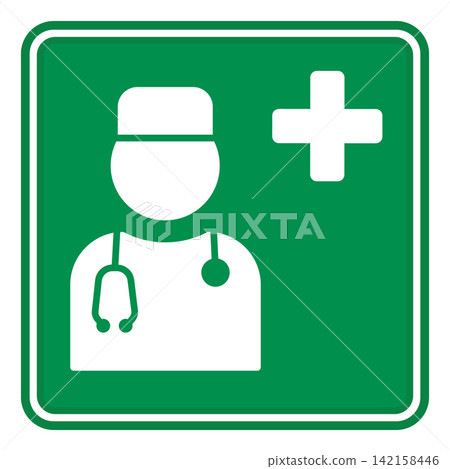 Green Doctor Sign. Vector Icon. First Aid Sign. Emergency Situation at Work. Medicine and Industry Concept Green Doctor Sign. Vector Icon. First Aid Sign. Emergency Situation at Work. Medicine and Industry Concept 142158446
