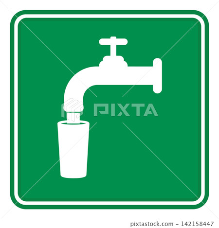 Green Drinking Water Sign. Vector Icon. Drinking Water Safety Sign. Water Is Pouring From a Tap Into the Glass Green Drinking Water Sign. Vector Icon. Drinking Water Safety Sign. Water Is Pouring From a Tap Into the Glass 142158447