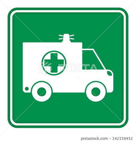 Green Sign Ambulance Pick up Point. Vector Icon. Ambulance Parking Sign. First Aid. Rescue Service Green Sign Ambulance Pick up Point. Vector Icon. Ambulance Parking Sign. First Aid. Rescue Service 142158452