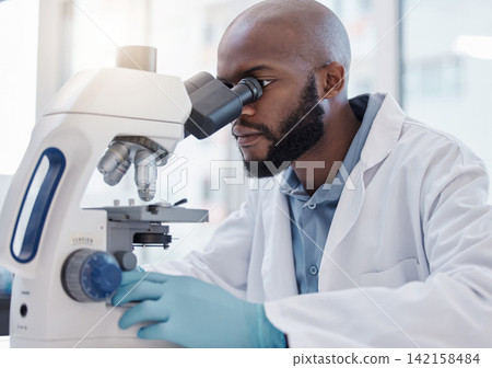 Black man, scientist and microscope in laboratory for science research, data analysis and medical innovation. Biotechnology, male person or doctor in lab testing for chemistry, medicine and study Black man, scientist and microscope in laboratory for science research, data analysis and medical innovation. Biotechnology, male person or doctor in lab testing for chemistry, medicine and study 142158484