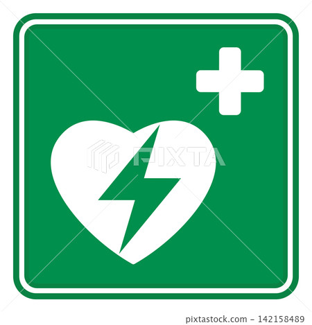 Green Sign Defibrillator. Vector Icon. First Aid Sign. Automatic External Cardiac Defibrillator. Emergency Safety, Medical Equipment Green Sign Defibrillator. Vector Icon. First Aid Sign. Automatic External Cardiac Defibrillator. Emergency Safety, Medical Equipment 142158489