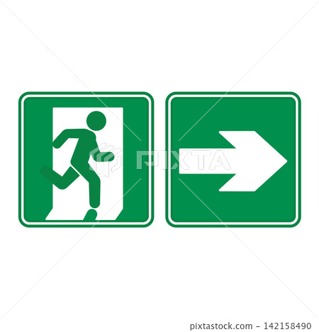 Green Sign Emergency Exit Pointing Right. Vector Icon. Warning Sign. Man Running Towards Door. Emergency Evacuation Symbol 142158490