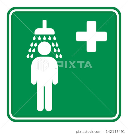 Green Sign Emergency Shower. Vector Icon. Industrial Safety Sign. Man Taking a Shower. First Aid in Case of Chemical Splashes Green Sign Emergency Shower. Vector Icon. Industrial Safety Sign. Man Taking a Shower. First Aid in Case of Chemical Splashes 142158491