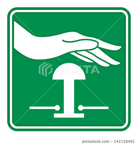 Green Sign Emergency Stop Push Button. Vector Icon. Evacuation Sign. Industrial Safety, Observe Work Rules at the Facility. Emergency Situation 142158492