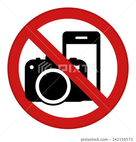 Red Sign No Photography. Vector Icon. Prohibitory Round Sign. Warning About Prohibition Of Using Mobile Phone And Camera 142158573