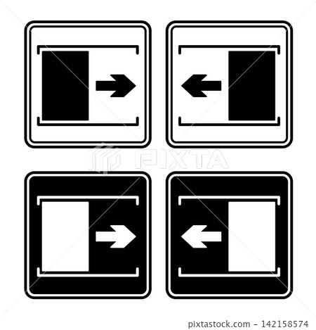 Signs Door Slide Right and Left. Black and White Vector Icons. Warning Sign. The Door Slides Right To Open. Door Slides Left To Open Signs Door Slide Right and Left. Black and White Vector Icons. Warning Sign. The Door Slides Right To Open. Door Slides Left To Open 142158574