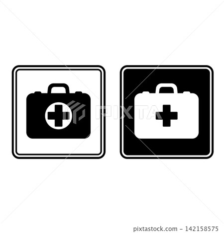 Signs First Aid Kit. Black and White Vector Icons. Emergency Medicine Sign. Doctor's Bag, Treating Sick Person Signs First Aid Kit. Black and White Vector Icons. Emergency Medicine Sign. Doctor's Bag, Treating Sick Person 142158575