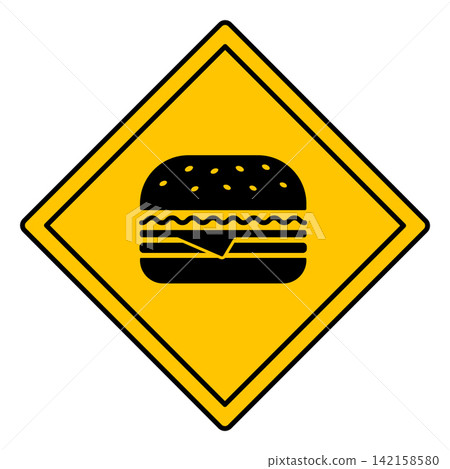 Yellow Sign Burger Zone. Vector Icon. Humorous Road Sign. Junk Food Warning, Overeating Danger Yellow Sign Burger Zone. Vector Icon. Humorous Road Sign. Junk Food Warning, Overeating Danger 142158580