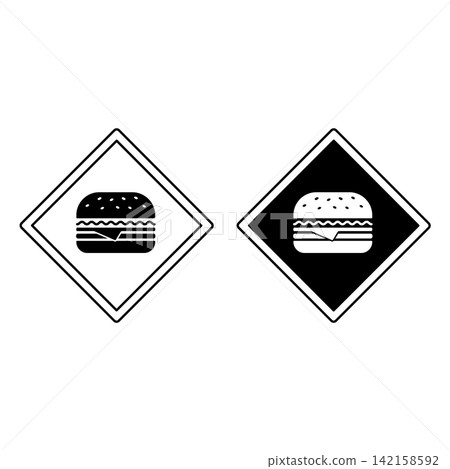Burger Zone Signs. Black and White Vector Icons. Humorous Road Sign. Junk Food Warning, Overeating Danger Burger Zone Signs. Black and White Vector Icons. Humorous Road Sign. Junk Food Warning, Overeating Danger 142158592
